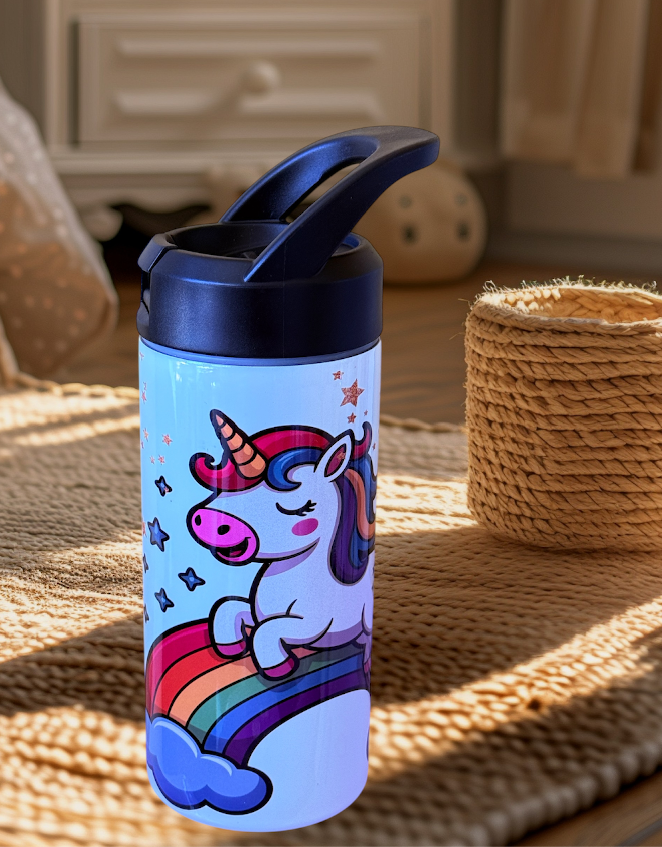 Colorful unicorn water bottle with a straw. 