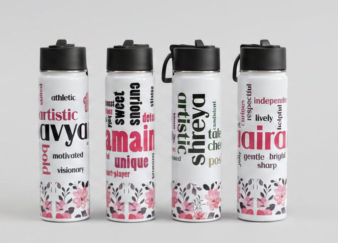 Set of personalized water bottles with names and descriptions on a surface.