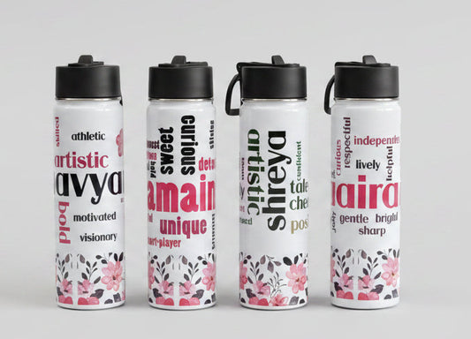 Set of personalized water bottles with names and descriptions on a surface.