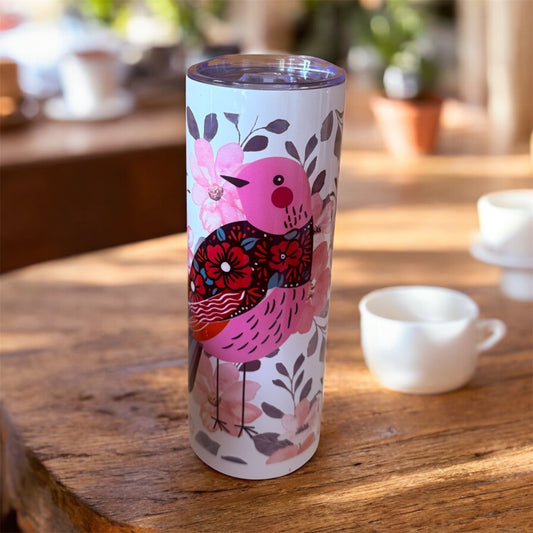 🌸 Pink Bird Floral – 20oz Stainless Steel Tumbler